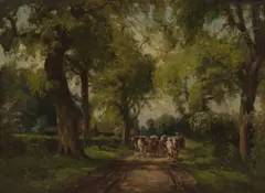 Willem Maris, Cattle on rural lane, oil on canvas laid to board