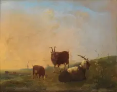 Jan Kobell, Goats and cattle before a hilly landscape, oil on panel