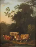 Cattle in a wooded landscape by Philip James de Loutherbourg R.A., oil on panel, offered Apr 2025