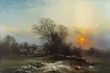 George Augustus Williams, Winter evening near Pangbourne, oil on canvas