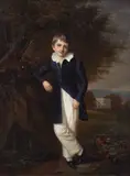 Portrait of a young boy standing by a tree wearing a blue brocaded jacket, a house and landscape beyond by English School, oil on canvas, sold Apr 2025