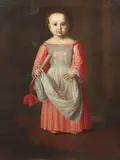 Dutch School, Portrait of a child, full-length, in a pink dress, holding a fan, with hoops in her apron, oil on canvas