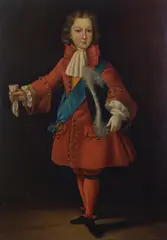 Italian School, Portrait of a young man, full length, in red with a plumed hat, oil on canvas