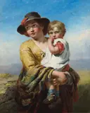 James John Hill, A mother wearing a hat with a red feather carrying her child in her arms, oil on panel
