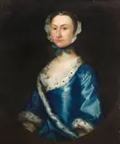 Arthur Devis, Portrait of a lady, bust-length, in a blue ermine-trimmed dress, within a painted oval, oil on canvas