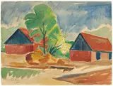 Max Pechstein, Rote Häuser, 1922, Aquarell über Kohle auf Papier