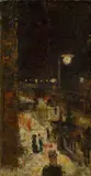 Lesser Ury, Berliner Straße bei Nacht, 1889, Öl auf Leinwand. Doubliert