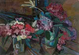 Blumenstilleben mit Rhododendron by Heinrich Vogeler, 1918, Öl auf Pappe auf Holz, sold Jun 2018