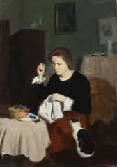 Josef Multrus, Girl with a Cat, 1920s, oil on canvas