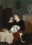 Josef Multrus, Girl with a Cat, 1920s, oil on canvas