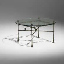 Diego Giacometti, Table-feuilles, modèle bas aux grenouilles, c. 1980, patinated bronze, glass