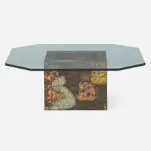 Patchwork coffee table by Paul Evans, c. 1970, welded and patinated copper, brass, enameled steel, glass, sold Mar 2022