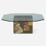 Patchwork coffee table by Paul Evans, c. 1970, welded and patinated copper, brass, enameled steel, glass, sold Mar 2022