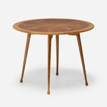 Cocktail table by Andrew Szoeke, c. 1950, marquetry inlay, maple, walnut, sold Mar 2022