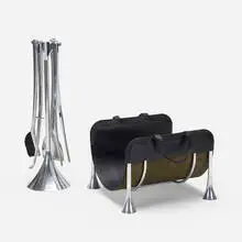 Umbra, Fuego fire tools and log holder, 1980, cast aluminum, leather
