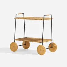 Carl Auböck, Bar cart, c. 1955, enameled steel, rattan, beech