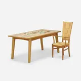 Adrien Audoux and Frida Minet, Desk and armchair, c. 1950, oak, tile, grass cord