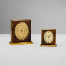 Desk clock and barometer by Hermès, burl wood, gilt metal, brass, glass, sold Nov 2024