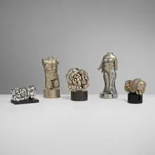 Miguel Ortiz Berrocal, Collection of five mini puzzle sculptures, 1968-70, nickel-plated Zamak, gold-plated brass, Chrome-plated Zamak, cubic zirconia, enamel, brass, moonstone, plastic