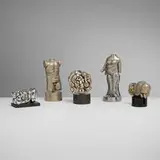 Miguel Ortiz Berrocal, Collection of five mini puzzle sculptures, 1968-70, nickel-plated Zamak, gold-plated brass, Chrome-plated Zamak, cubic zirconia, enamel, brass, moonstone, plastic