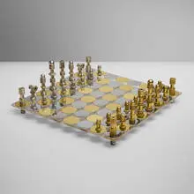 Jesse Dean, Chess set, 1968, acrylic, brass, steel, chrome-plated metal