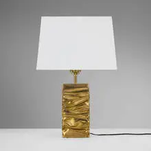 Jacques Moniquet, Table lamp, c. 1975, brass-plated copper, silk shade