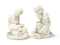 John Bell, carved white marble figure of a young girl together with a similar period carved white marble figure entitled 'The Friend of the Family', marble