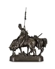 Yevgeny Nikolayevich Lanceray, patinated bronze figural group of  'A Zaporozhian Cossack after battle', patinated bronze