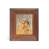 maker's initials in Cyrillic 'AH', Moscow by Icon of the Mother of God Iverskaya, 1896-1908, realistically painted, in repoussé, chased and engraved parcel-gilt oklad with cloisonné enamel haloes, offered Apr 2025