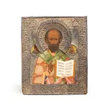 maker's mark in Cyrillic 'AI', Moscow by Icon of St Nicholas, 1875, Old Believer, traditionally painted in bright colours in chased and engraved silver-gilt oklad,84 standard, offered Apr 2025