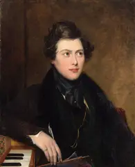 Thomas Henry Gregg, Portrait of the composer William Sterndale Bennett (1816-1875), seated, half-length, holding a quill and paper beside a piano, oil on canvas