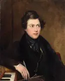 Thomas Henry Gregg, Portrait of the composer William Sterndale Bennett (1816-1875), seated, half-length, holding a quill and paper beside a piano, oil on canvas