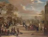 Village life by a buttercross by English School, oil on canvas, sold Feb 2025