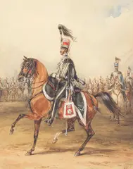 Henry Martens, A mounted officer of the Yorkshire Hussars, circa 1840, with a trumpeter and a line of troopers of the regiment behind, watercolour heightened with white
