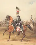 Henry Martens, A mounted officer of the Yorkshire Hussars, circa 1840, with a trumpeter and a line of troopers of the regiment behind, watercolour heightened with white