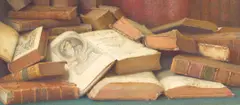 Frederick Spencer, A collection of books, watercolour over traces of pencil, heightened with gum arabic