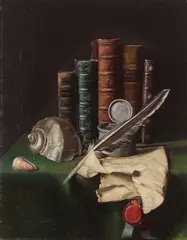Frederick Victor Bailey, Books, seashells and a pewter ink pot on a table, oil on canvas