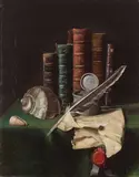 Frederick Victor Bailey, Books, seashells and a pewter ink pot on a table, oil on canvas