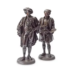 pair of patinated bronze figures of Sir Joshua Reynolds (British 1723-2792) and William Hogarth (British, 1697-1764) by Jean-Jules Salmson, patinated bronze, sold Feb 2025