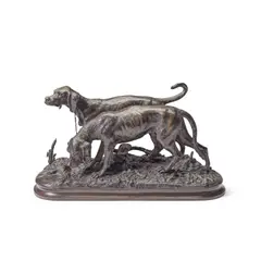 Christopher Fratin, patinated bronze model of two pointers, patinated bronze