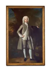 Joseph Highmore, Portrait of a gentleman, said to be Joseph Taylor as a young man, full-length, in a grey coat and breeches and a white waistcoat with a dog, in a park landscape, oil on canvas