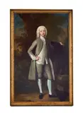 Joseph Highmore, Portrait of a gentleman, said to be Joseph Taylor as a young man, full-length, in a grey coat and breeches and a white waistcoat with a dog, in a park landscape, oil on canvas