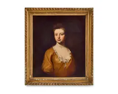 English School, Portrait of a lady, half-length, in a gold dress with white lace, oil on canvas