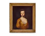 Portrait of a lady, half-length, in a gold dress with white lace by English School, oil on canvas, sold Jul 2024