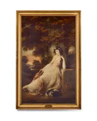 John Russell Ra, Portrait of Miss S. D. Chambers, full-length, in a white dress, seated with a spaniel, in a landscape, oil on canvas