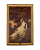 John Russell Ra, Portrait of Miss S. D. Chambers, full-length, in a white dress, seated with a spaniel, in a landscape, oil on canvas