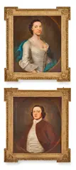 John Theodore Heins, Portrait of a lady, half-length, in a white dress and blue wrap; and Portrait of a gentleman, half-length, in a red jacket and white waistcoat, each in a feigned oval, oil on canvas