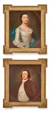John Theodore Heins, Portrait of a lady, half-length, in a white dress and blue wrap; and Portrait of a gentleman, half-length, in a red jacket and white waistcoat, each in a feigned oval, oil on canvas
