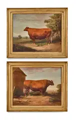 Thomas Mogford, A prize Devon bull in a farmyard; and A prize Devon cow in a landscape, oil on canvas
