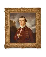 Tilly Kettle, Portrait of a gentleman, half-length, in a rust coat and waistcoat, with gold frogging, before an open landscape, oil on canvas